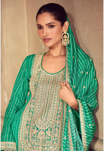 Pine Green Chinon Silk Print & Embroidery Work Sharara Suit