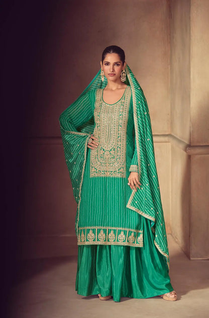 Pine Green Chinon Silk Print & Embroidery Work Sharara Suit