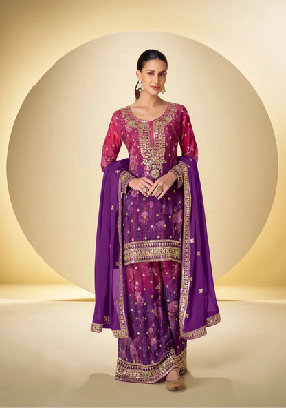 Purple Chinon Silk Palazzo Set With Print, Embroidery & Hand Work