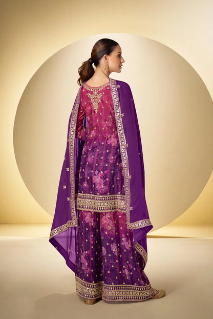 Purple Chinon Silk Palazzo Set With Print, Embroidery & Hand Work