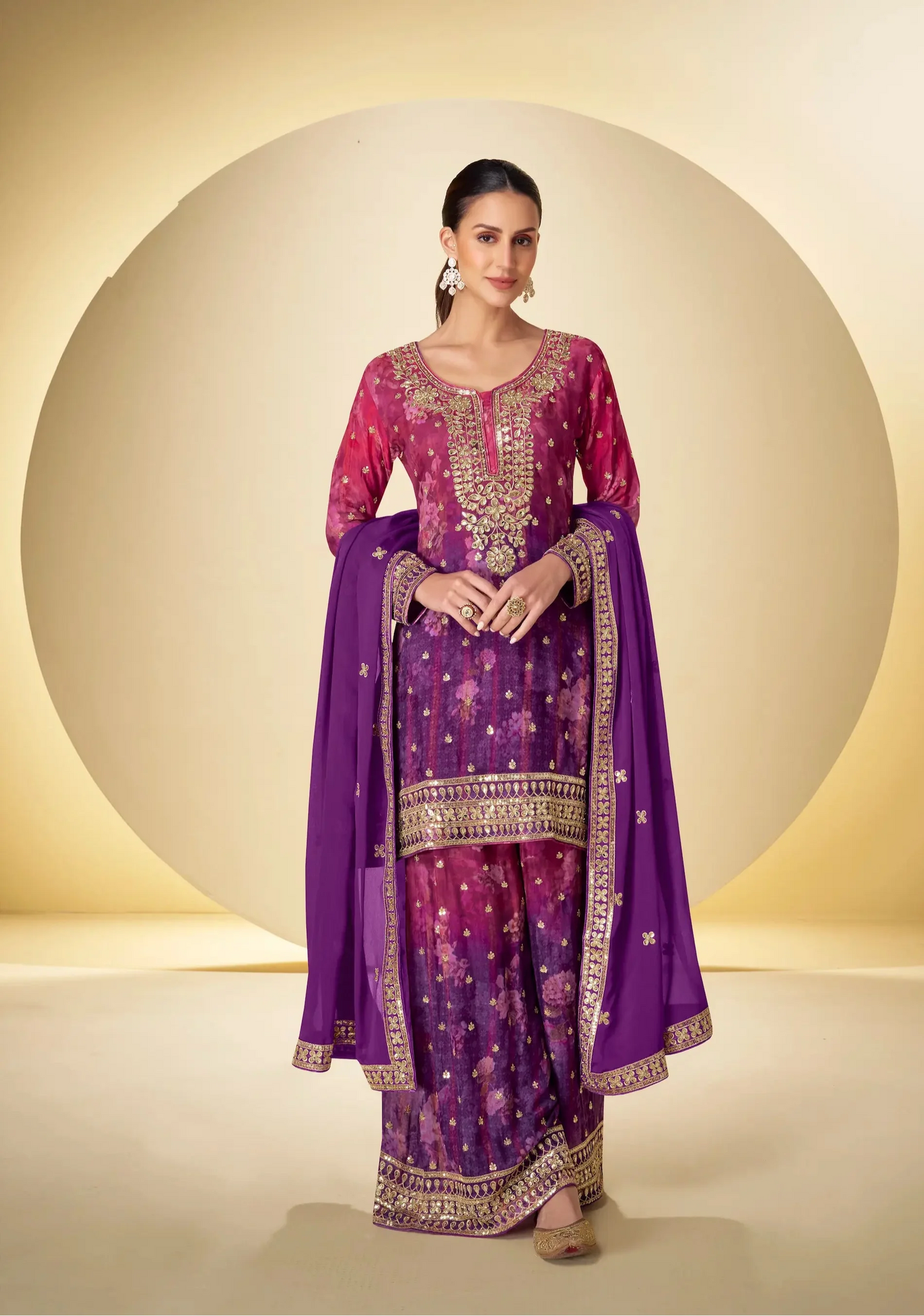 Purple Chinon Silk Palazzo Set With Print, Embroidery & Hand Work