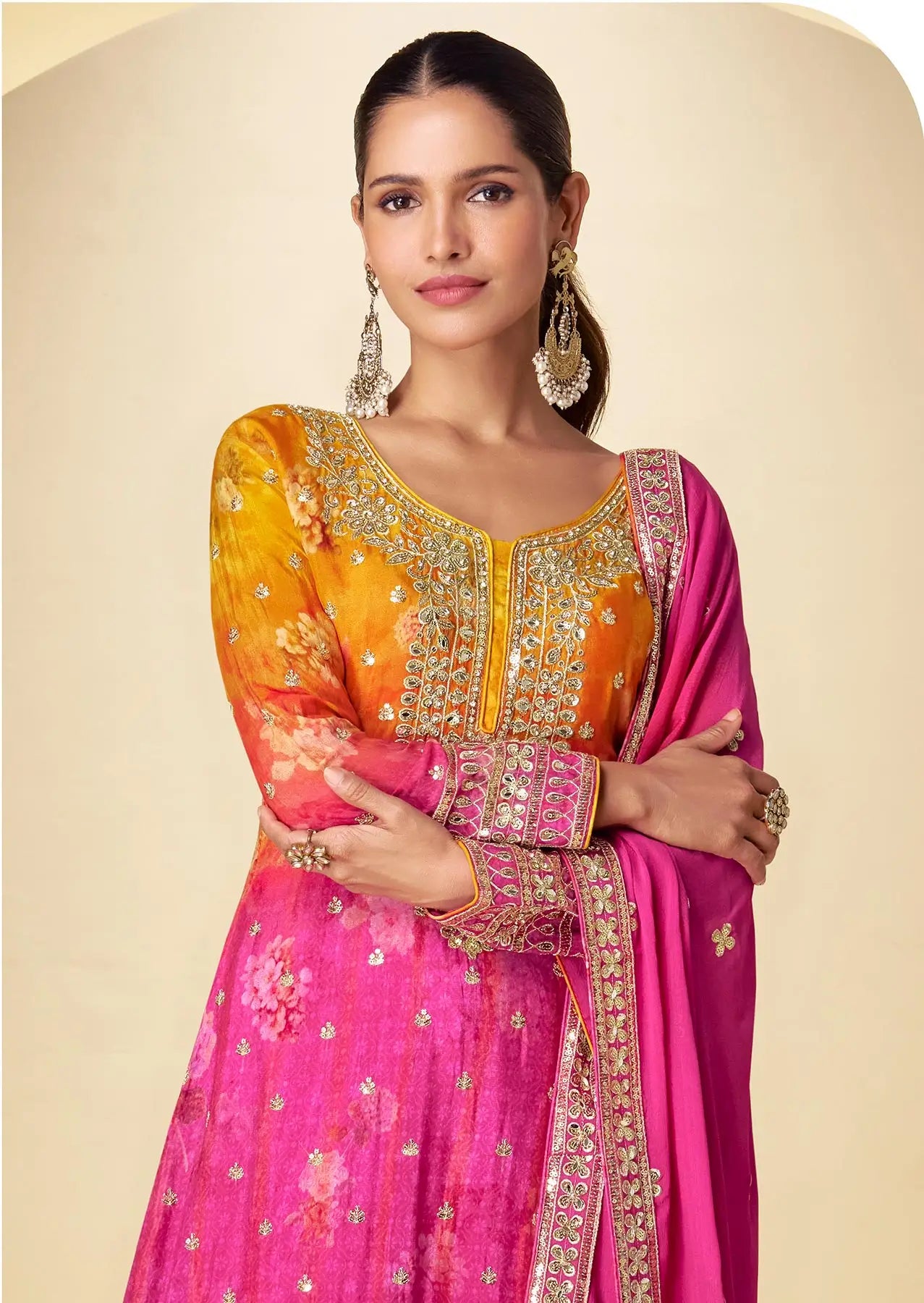 Hot Pink Chinon Silk Palazzo Set With Print, Embroidery & Hand Work