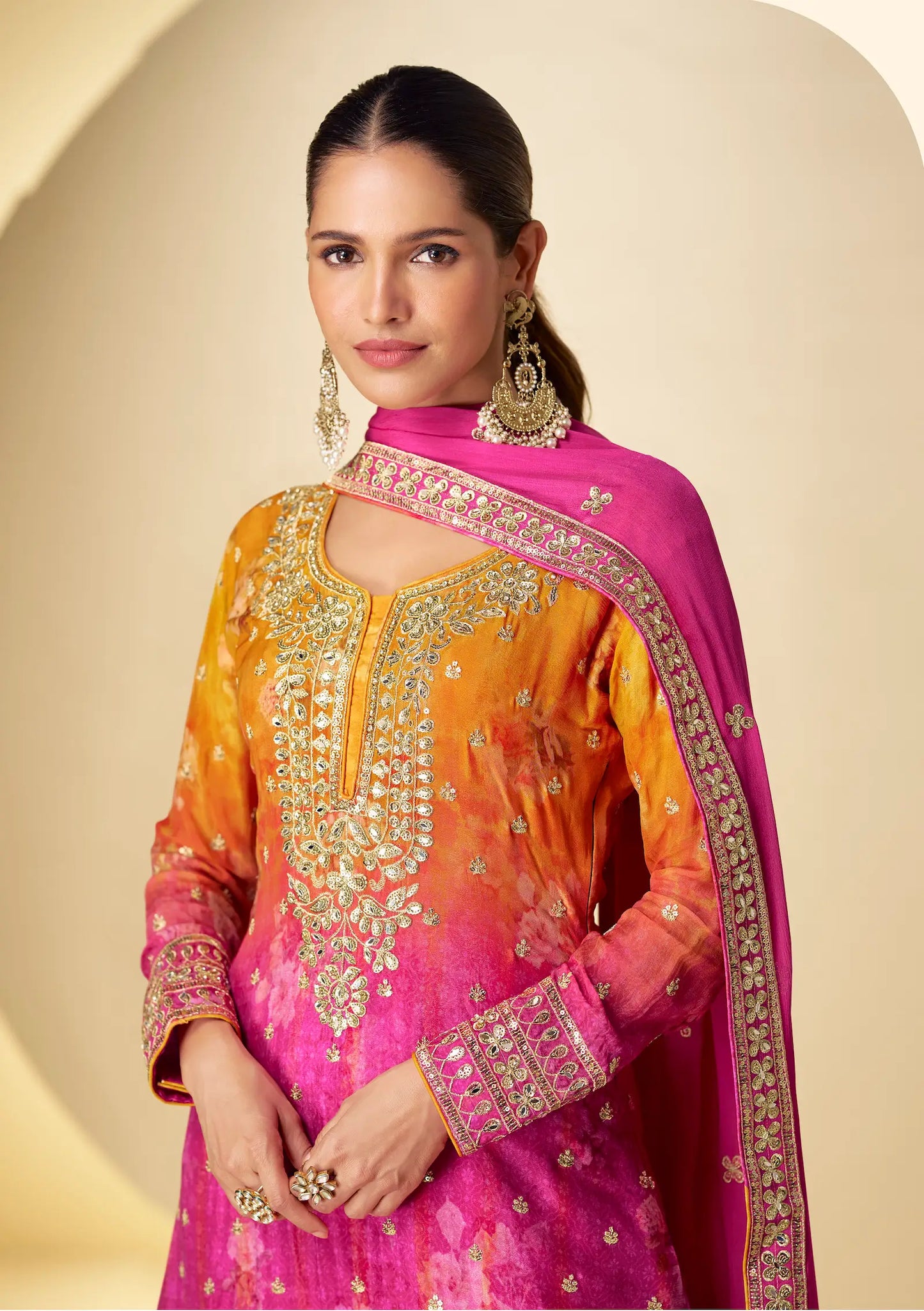 Hot Pink Chinon Silk Palazzo Set With Print, Embroidery & Hand Work