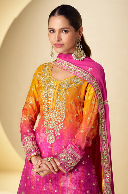 Hot Pink Chinon Silk Palazzo Set With Print, Embroidery & Hand Work