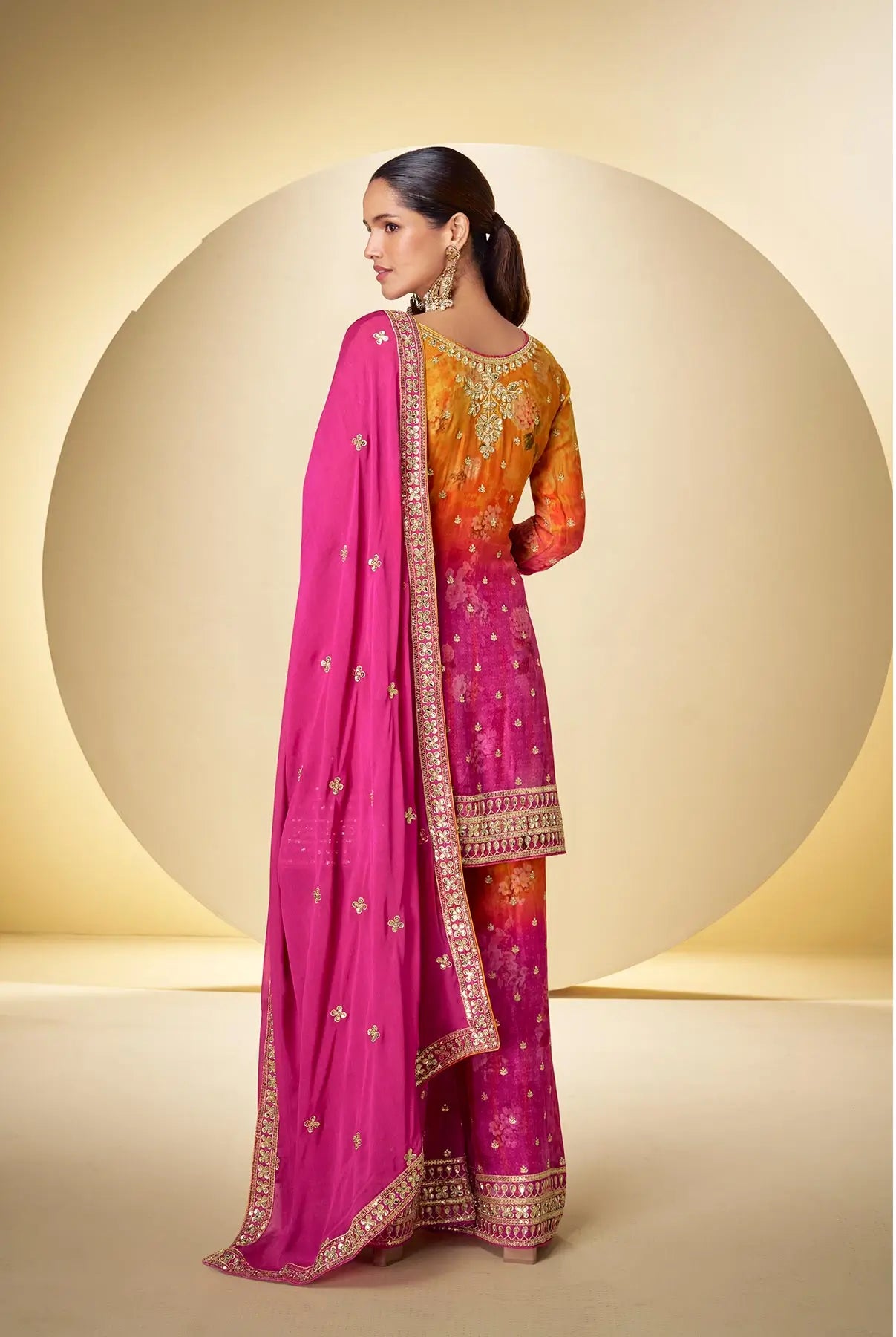 Hot Pink Chinon Silk Palazzo Set With Print, Embroidery & Hand Work