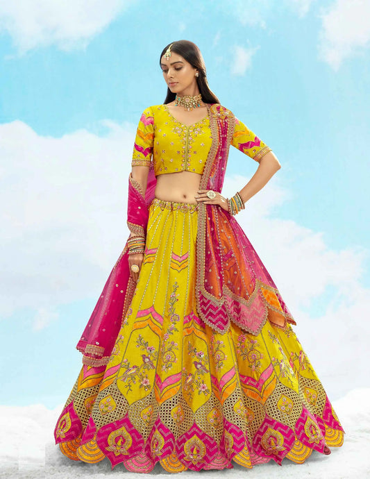 Designer Mustard Yellow Patch & Embroidery Work Bridal Lehenga