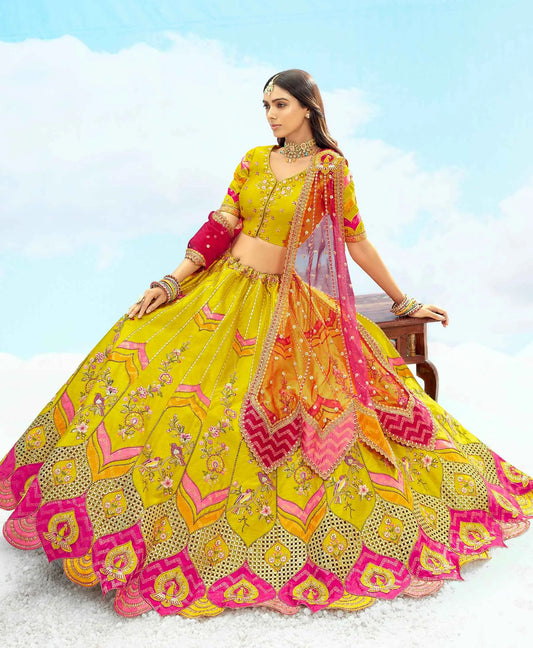 Designer Mustard Yellow Patch & Embroidery Work Bridal Lehenga