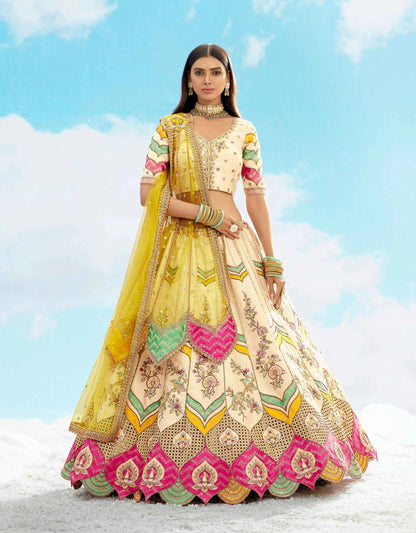 Cream With Multi Color Heavy Patch & Embroidery Work Bridal Lehenga
