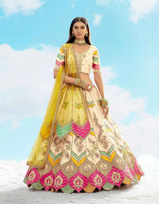 Cream With Multi Color Heavy Patch & Embroidery Work Bridal Lehenga