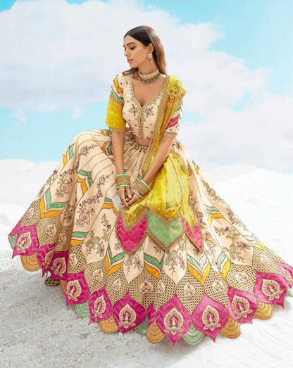 Cream With Multi Color Heavy Patch & Embroidery Work Bridal Lehenga