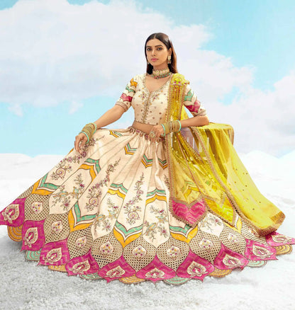 Cream With Multi Color Heavy Patch & Embroidery Work Bridal Lehenga