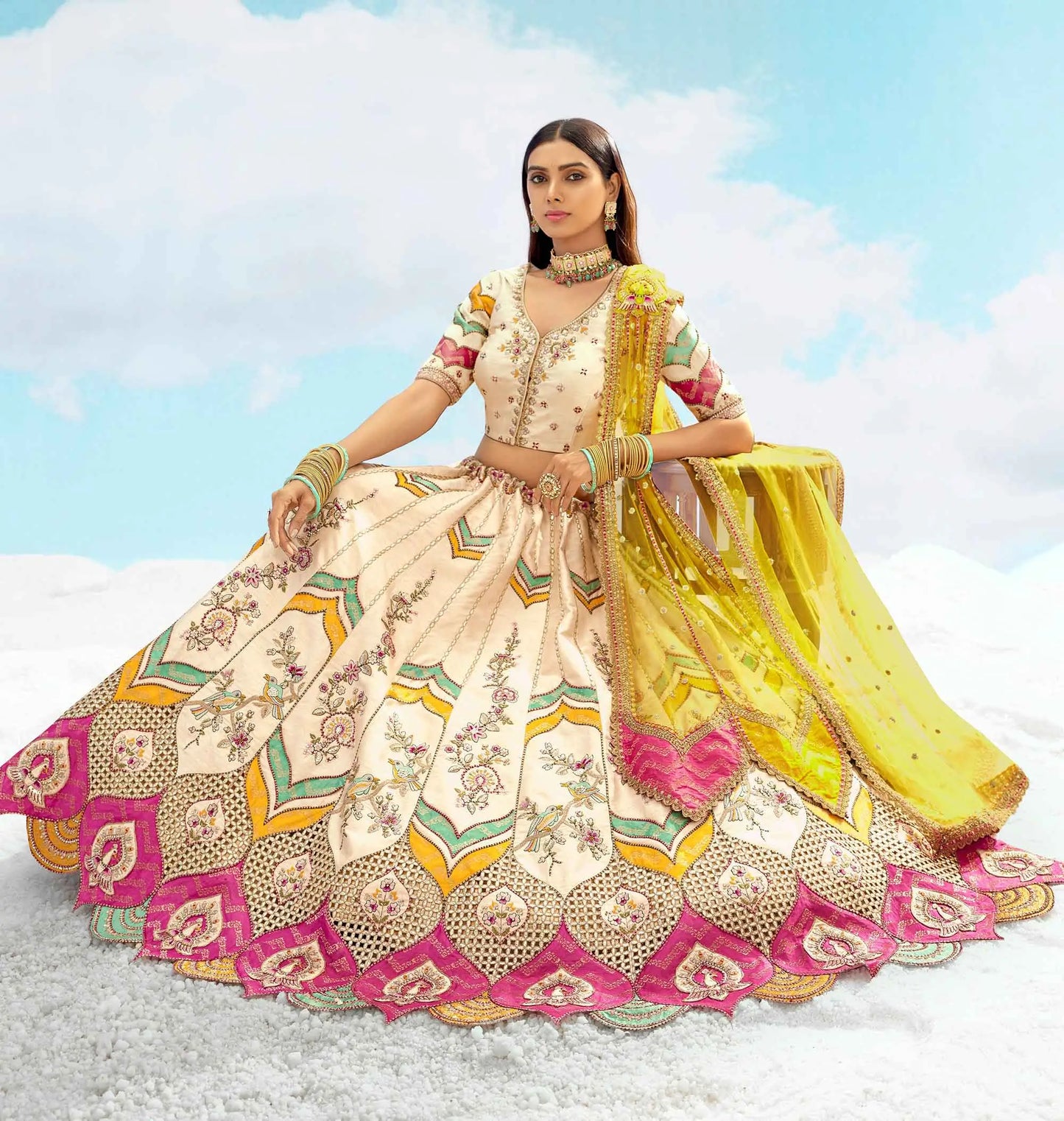 Cream With Multi Color Heavy Patch & Embroidery Work Bridal Lehenga