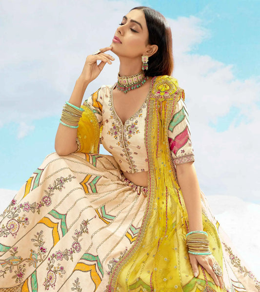 Cream With Multi Color Heavy Patch & Embroidery Work Bridal Lehenga