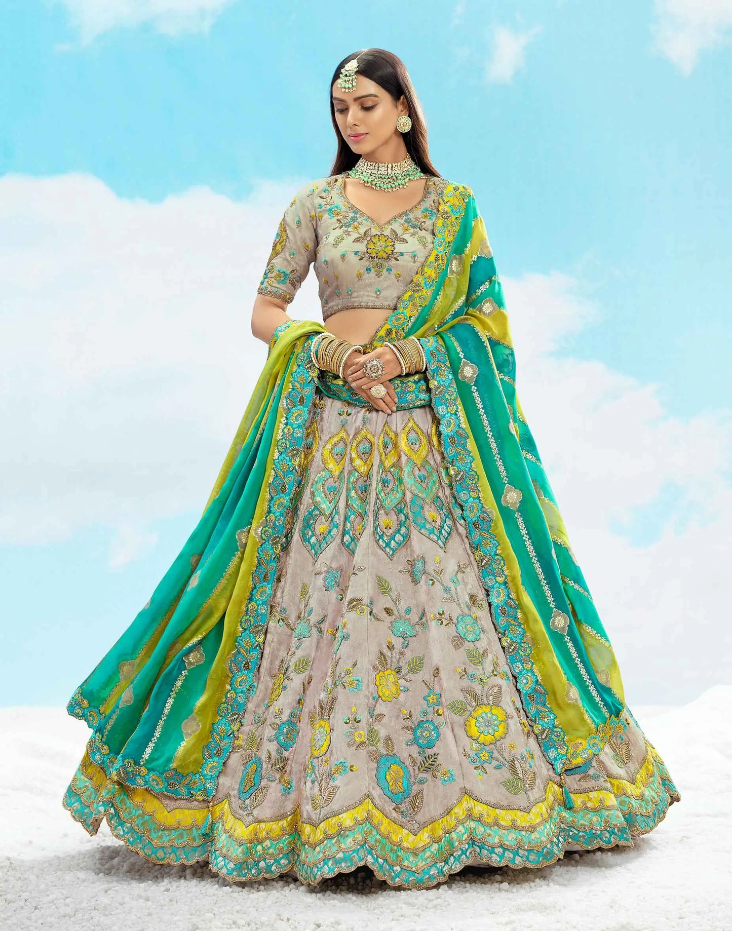 Grey And Teal Blue Designer Patch & Floral Embroidery Work Bridal Lehenga