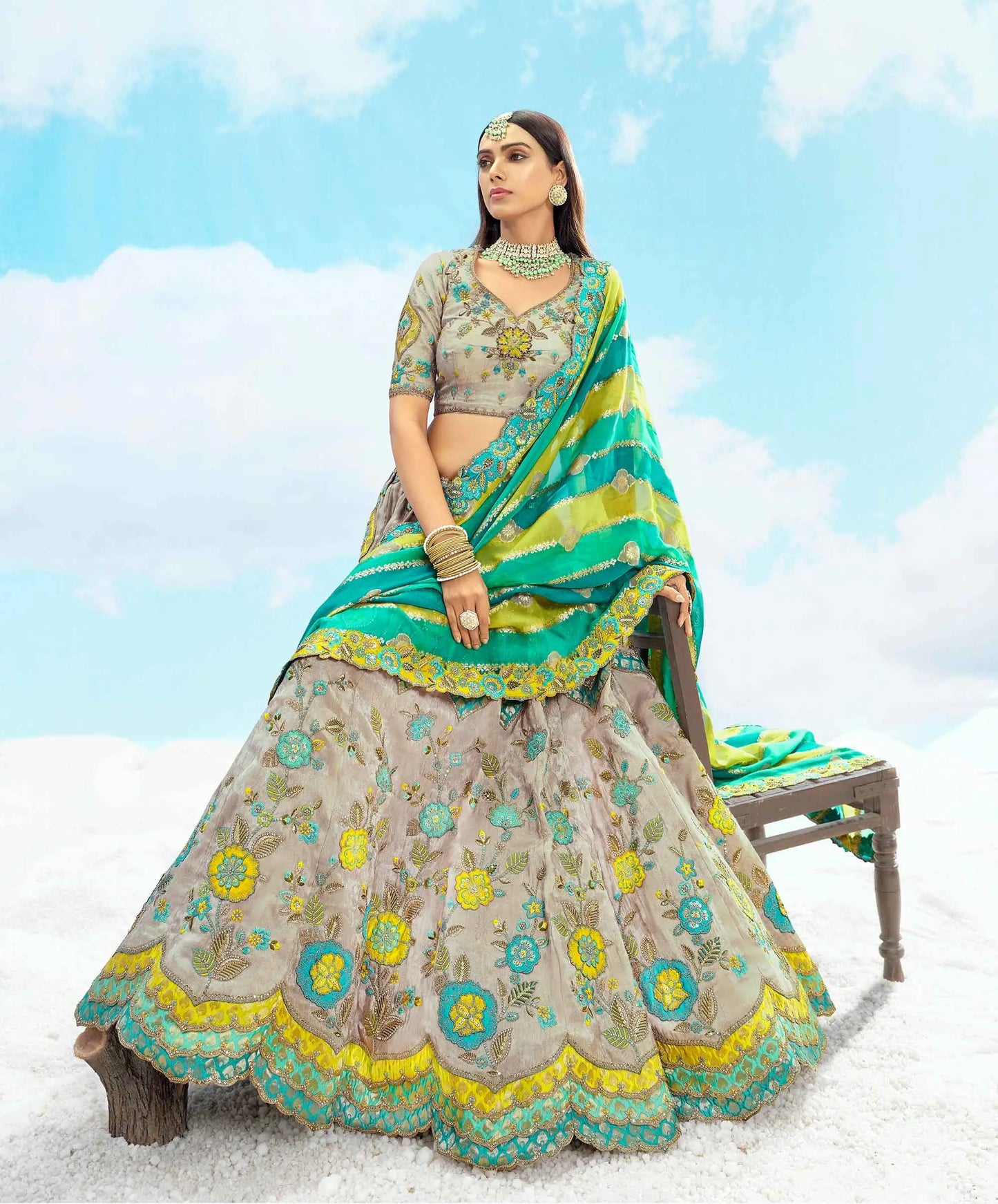 Grey And Teal Blue Designer Patch & Floral Embroidery Work Bridal Lehenga