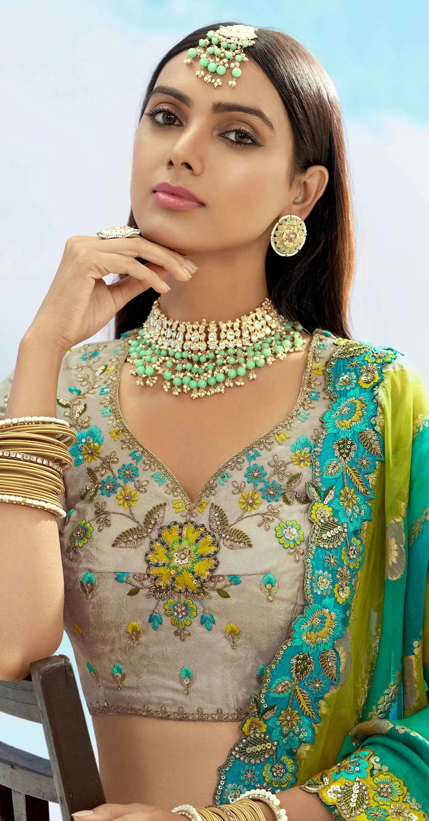 Grey And Teal Blue Designer Patch & Floral Embroidery Work Bridal Lehenga