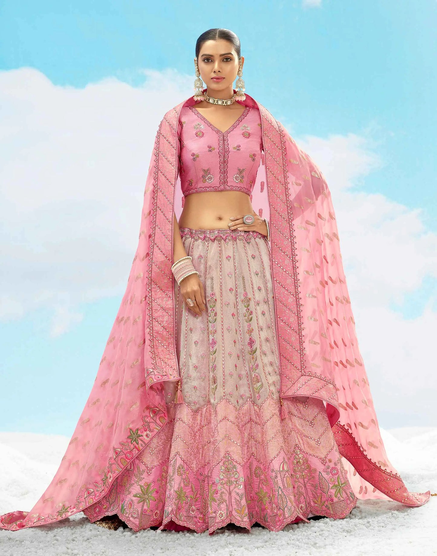 Sweet Pink Beautiful Sequins Floral Embroidery Work Lehenga For Bride