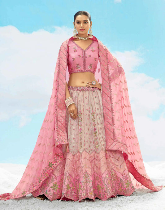 Sweet Pink Beautiful Sequins Floral Embroidery Work Lehenga For Bride