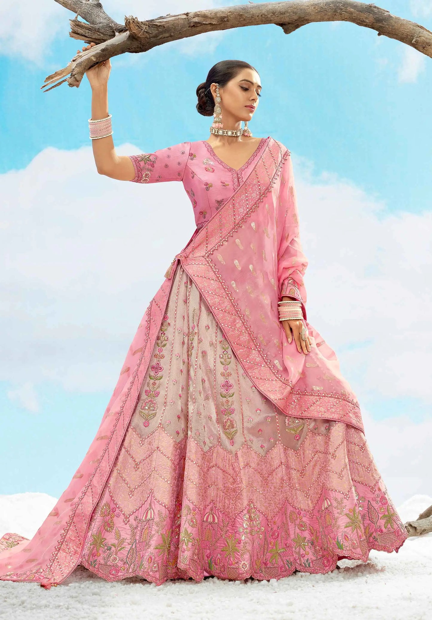 Sweet Pink Beautiful Sequins Floral Embroidery Work Lehenga For Bride