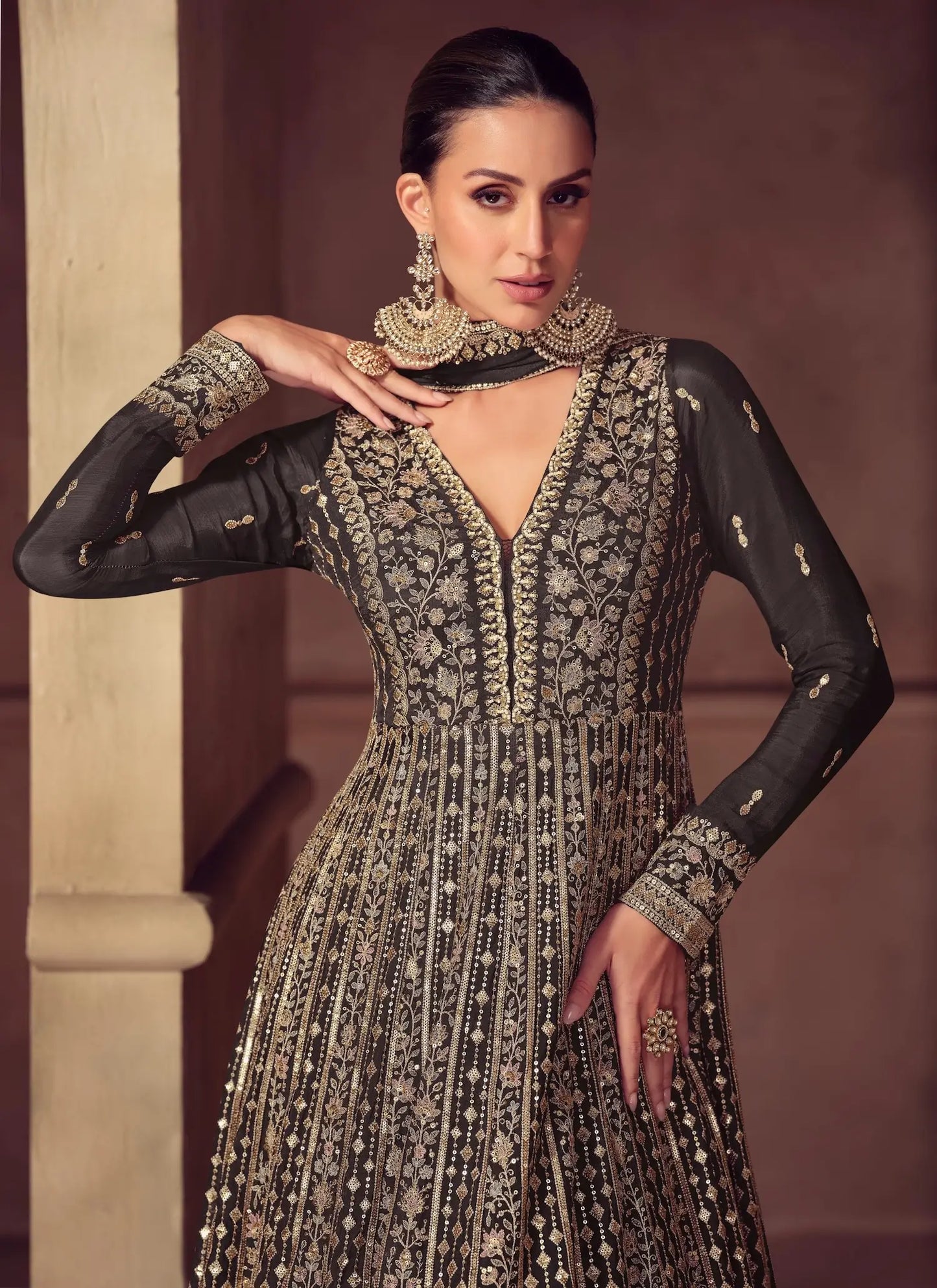 Charcoal Grey Chinon Silk Embroidery Gown