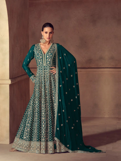 Dark Teal Chinon Silk Embroidery Gown