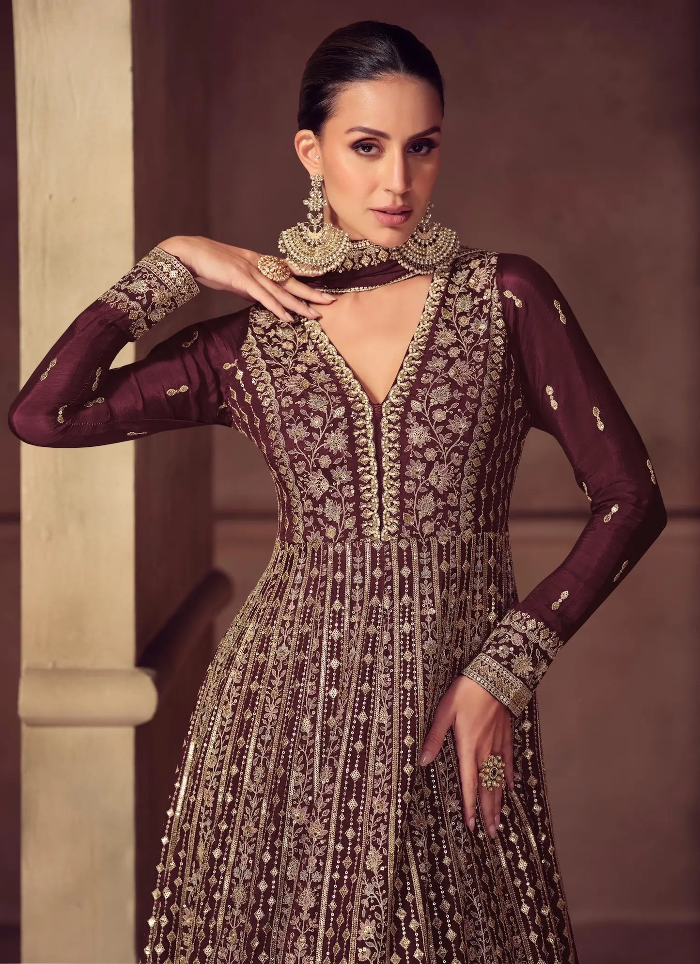 Congo Brown Chinon Silk Embroidery Gown