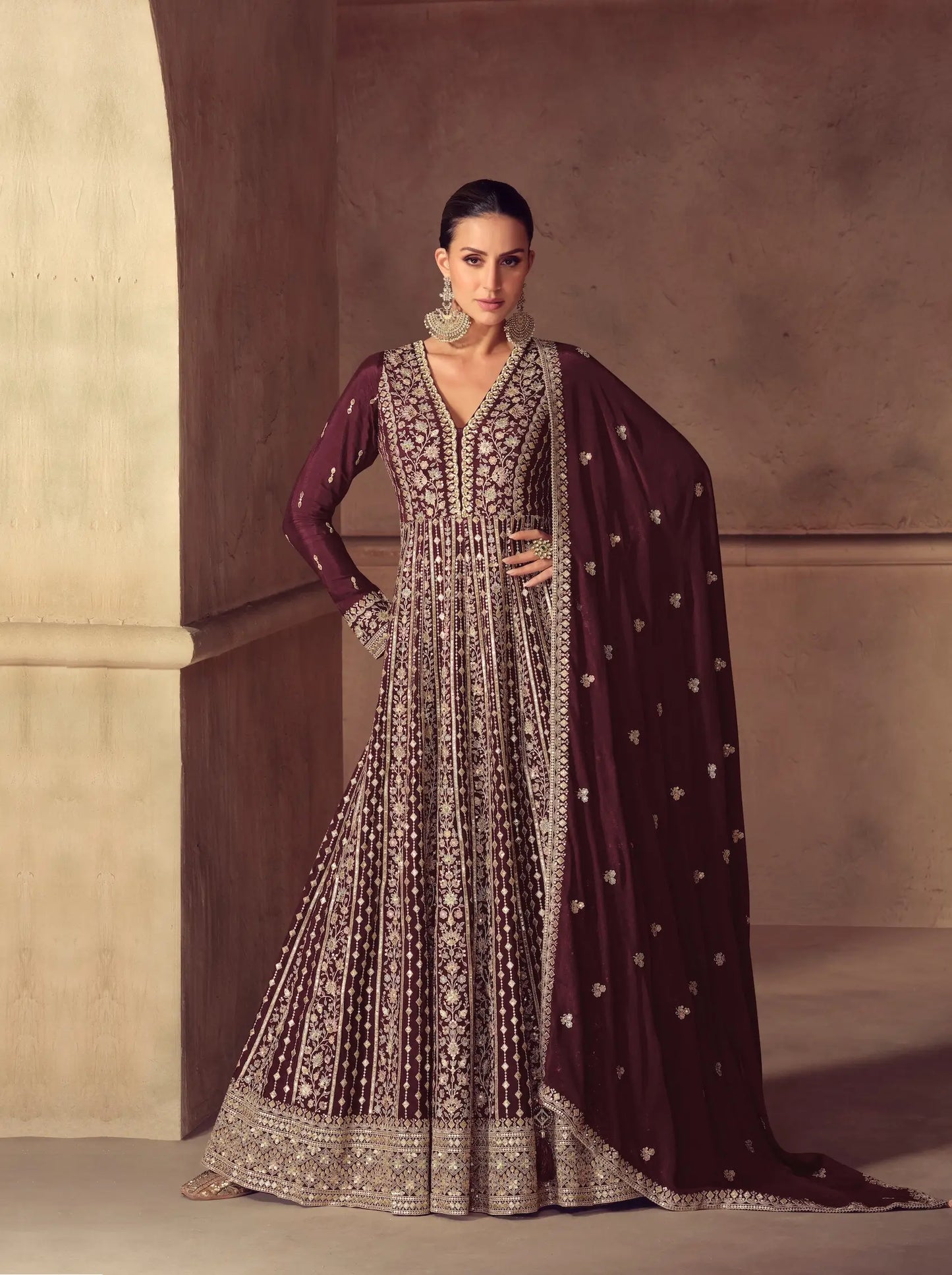 Congo Brown Chinon Silk Embroidery Gown