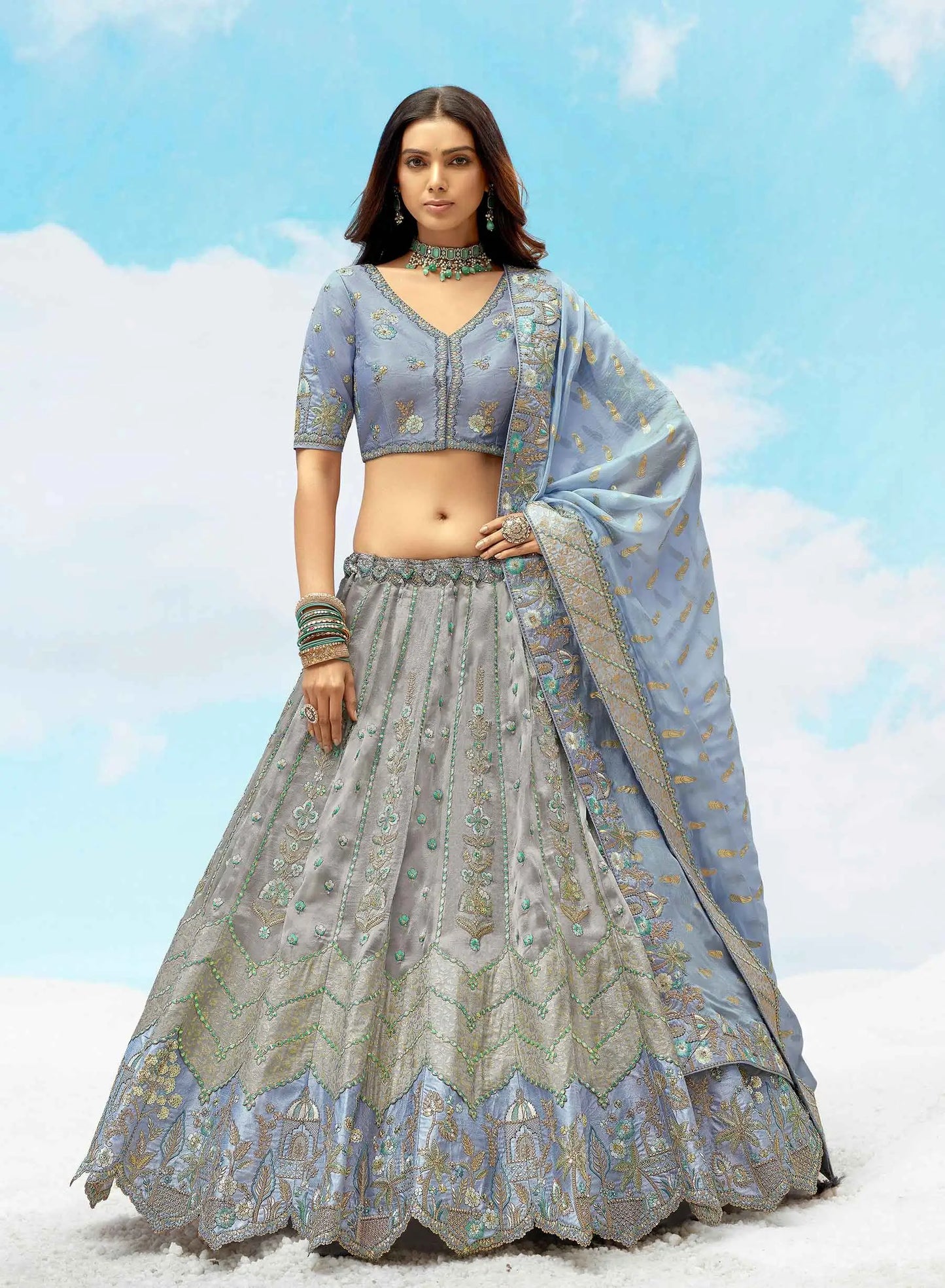 Designer Gray Blue Sequins Floral Embroidery Work Bridal Lehenga
