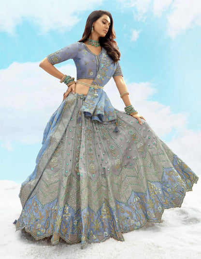 Designer Gray Blue Sequins Floral Embroidery Work Bridal Lehenga