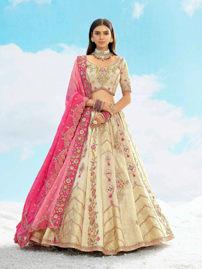 Beige And Pink Designer Patch & Embroidery Work Bridal Lehenga
