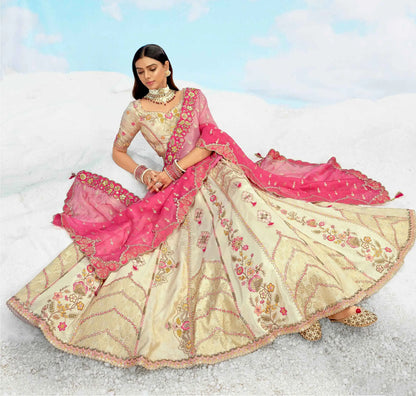 Beige And Pink Designer Patch & Embroidery Work Bridal Lehenga