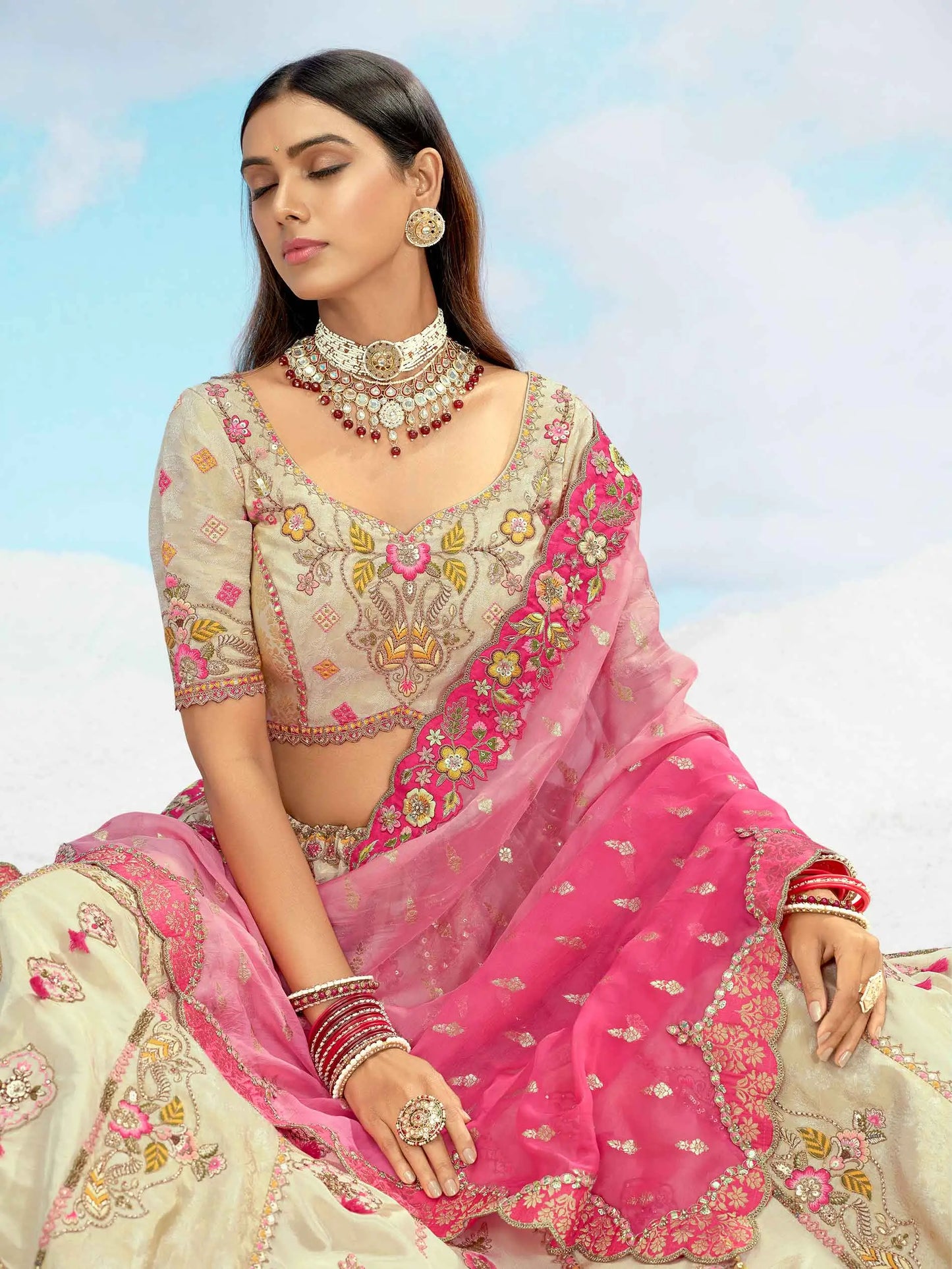 Beige And Pink Designer Patch & Embroidery Work Bridal Lehenga