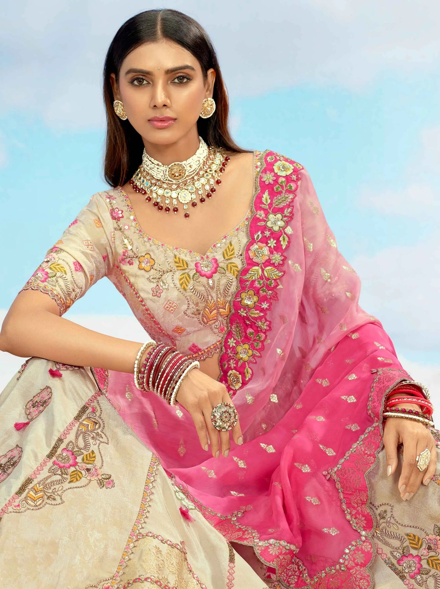 Beige And Pink Designer Patch & Embroidery Work Bridal Lehenga