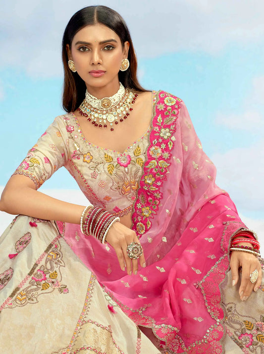 Beige And Pink Designer Patch & Embroidery Work Bridal Lehenga