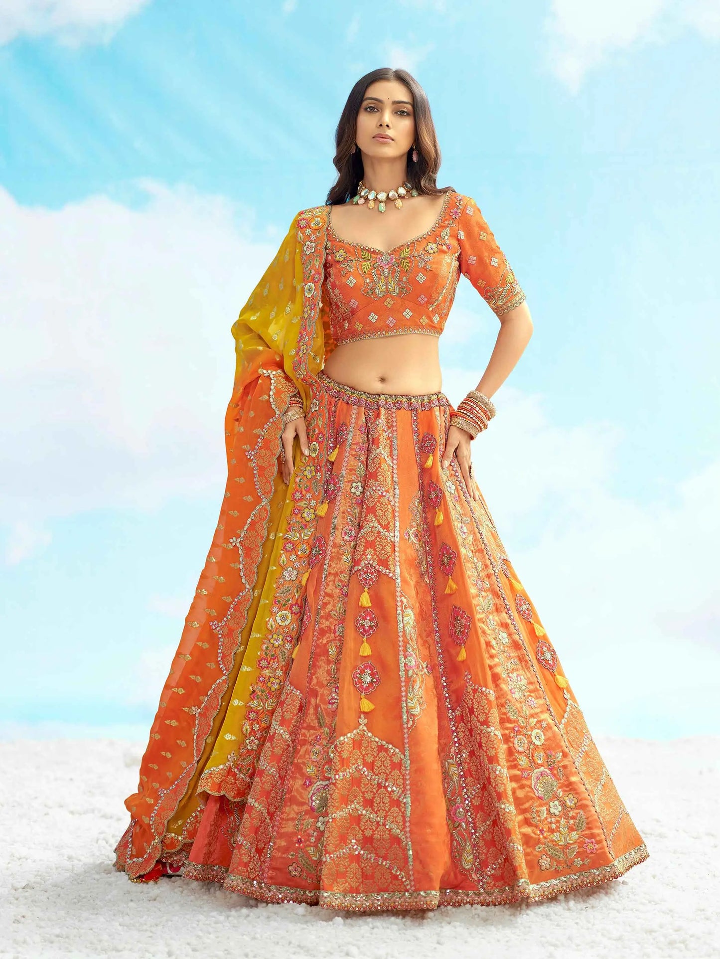 Orange Silk Designer Patch & Embroidery Work Lehengas For Bride