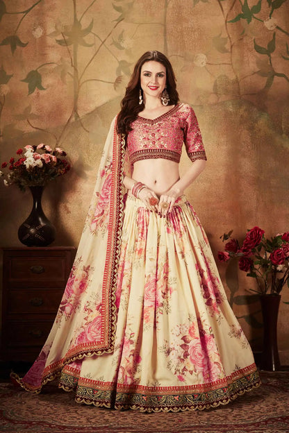 Beige And Peach Floral Print Organza Lehenga With Sequins Work