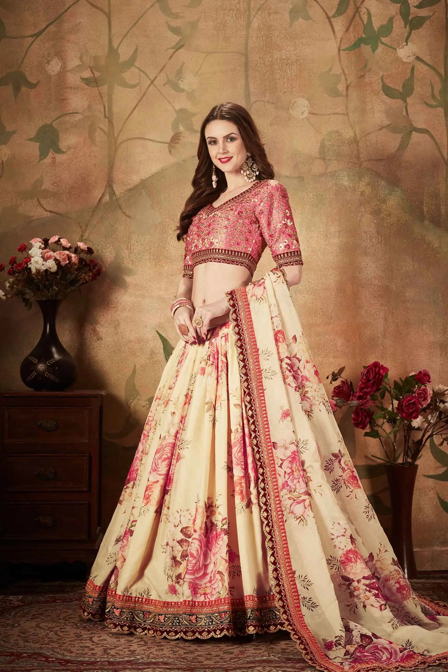 Beige And Peach Floral Print Organza Lehenga With Sequins Work