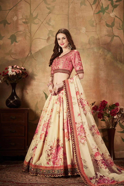 Beige And Peach Floral Print Organza Lehenga With Sequins Work