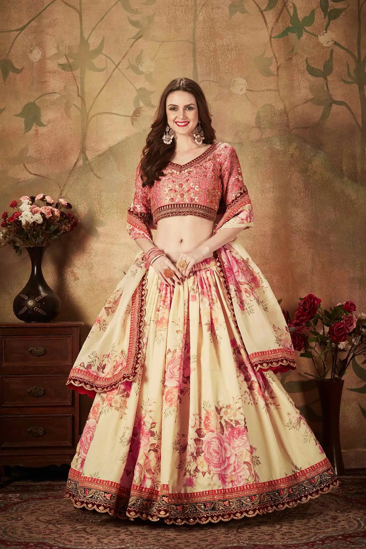 Beige And Peach Floral Print Organza Lehenga With Sequins Work