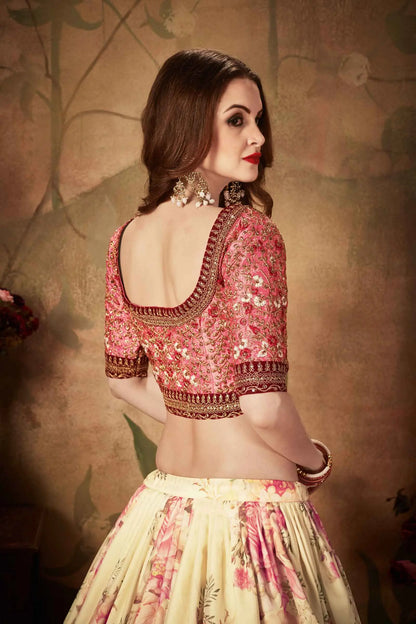 Beige And Peach Floral Print Organza Lehenga With Sequins Work