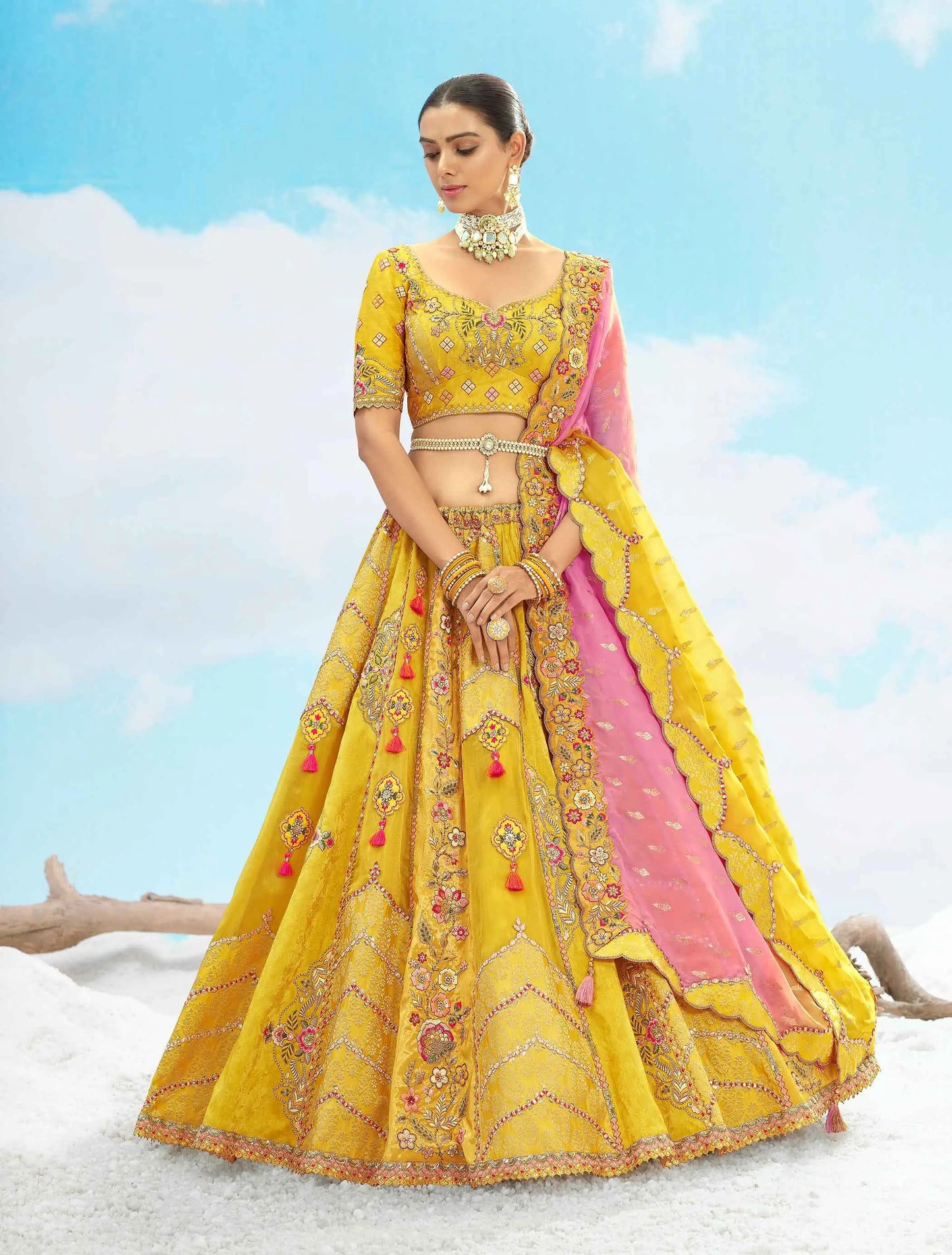 Yellow Silk Designer Patch & Embroidery Work Lehengas For Bride