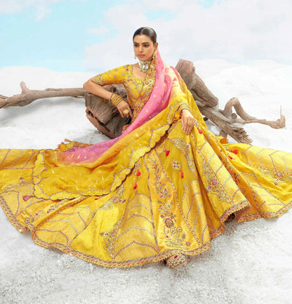 Yellow Silk Designer Patch & Embroidery Work Lehengas For Bride