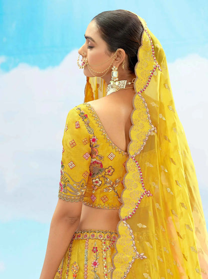 Yellow Silk Designer Patch & Embroidery Work Lehengas For Bride