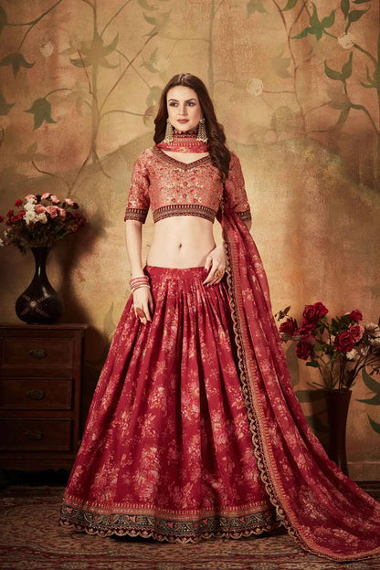 Maroon And Peach Floral Print Organza Lehenga With Sequins Work