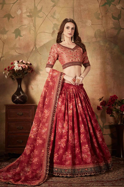 Maroon And Peach Floral Print Organza Lehenga With Sequins Work