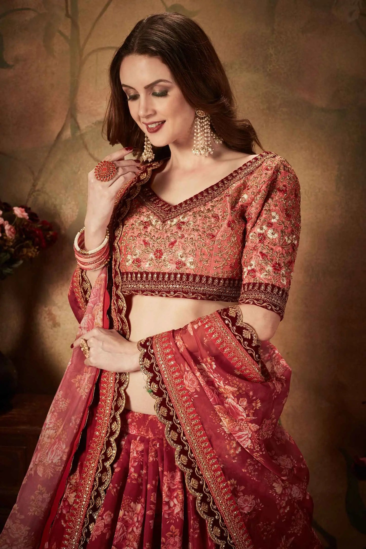 Maroon And Peach Floral Print Organza Lehenga With Sequins Work
