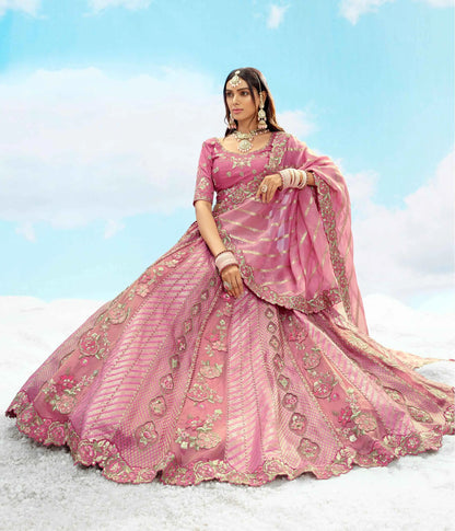 Dull Pink Beautiful Patch & Floral Embroidery Work Bridal Lehenga