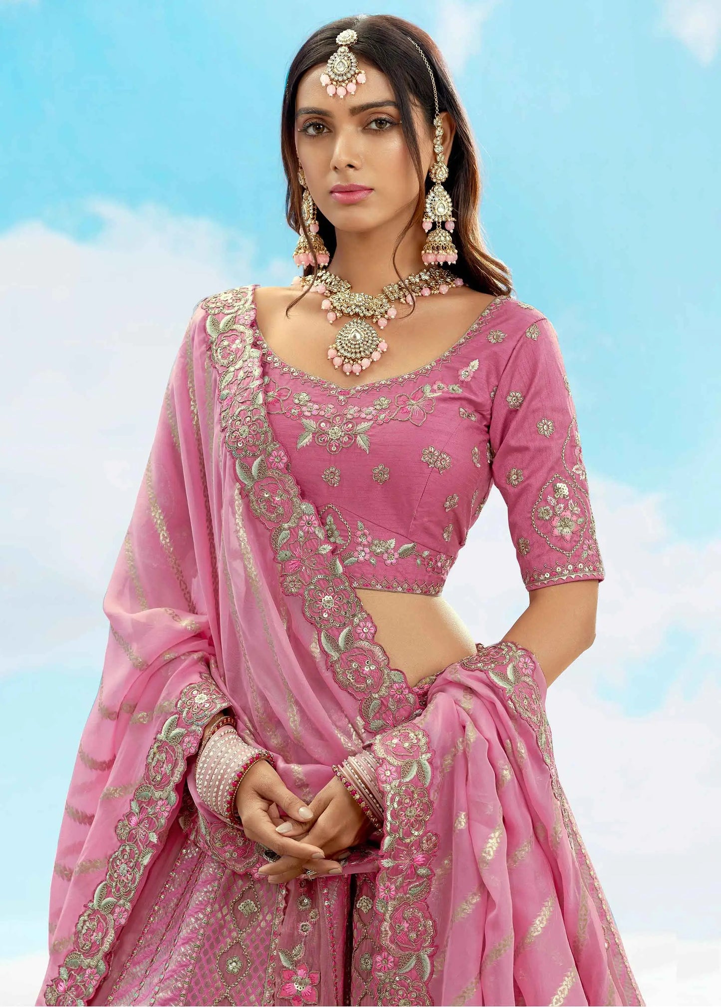 Dull Pink Beautiful Patch & Floral Embroidery Work Bridal Lehenga