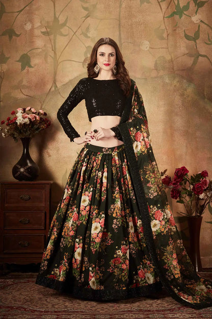 Black Organza Lehenga With Multi Color Floral Print  With Sequins Work
