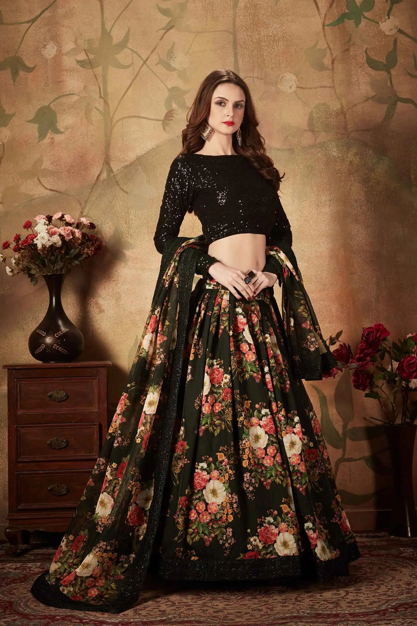 Black Organza Lehenga With Multi Color Floral Print  With Sequins Work